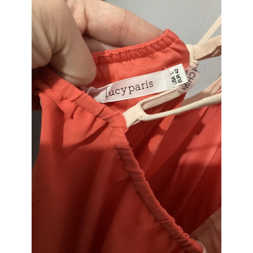 LUCY PARIS Maxi Dress Orange Cream ColorBlock halter spaghetti straps Sz L - Picture 8 of 11